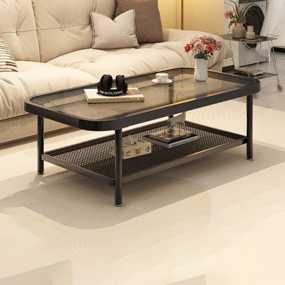 Modern Minimalist Rectangular Glass Carbon Steel Coffee Table 2-Tier For Living Room