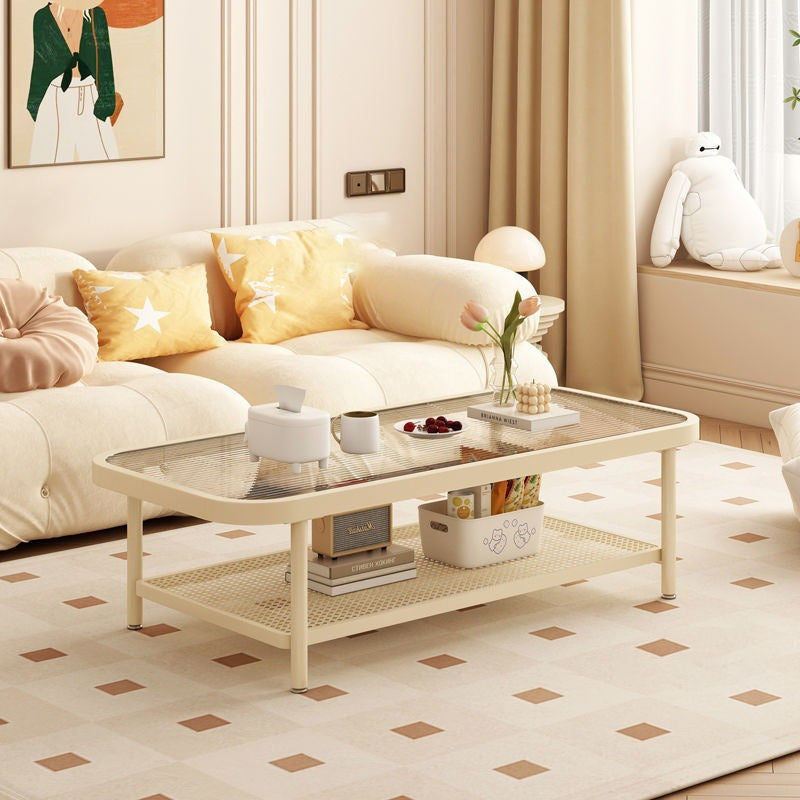 Modern Minimalist Rectangular Glass Carbon Steel Coffee Table 2-Tier For Living Room