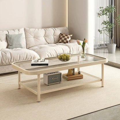 Modern Minimalist Rectangular Glass Carbon Steel Coffee Table 2-Tier For Living Room