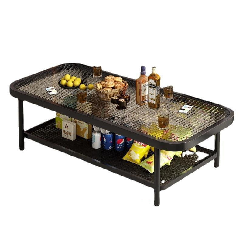 Modern Minimalist Rectangular Glass Carbon Steel Coffee Table 2-Tier For Living Room