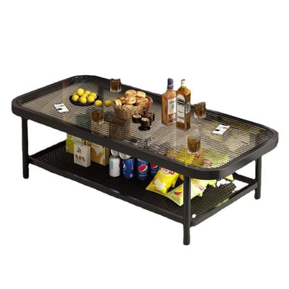 Modern Minimalist Rectangular Glass Carbon Steel Coffee Table 2-Tier For Living Room