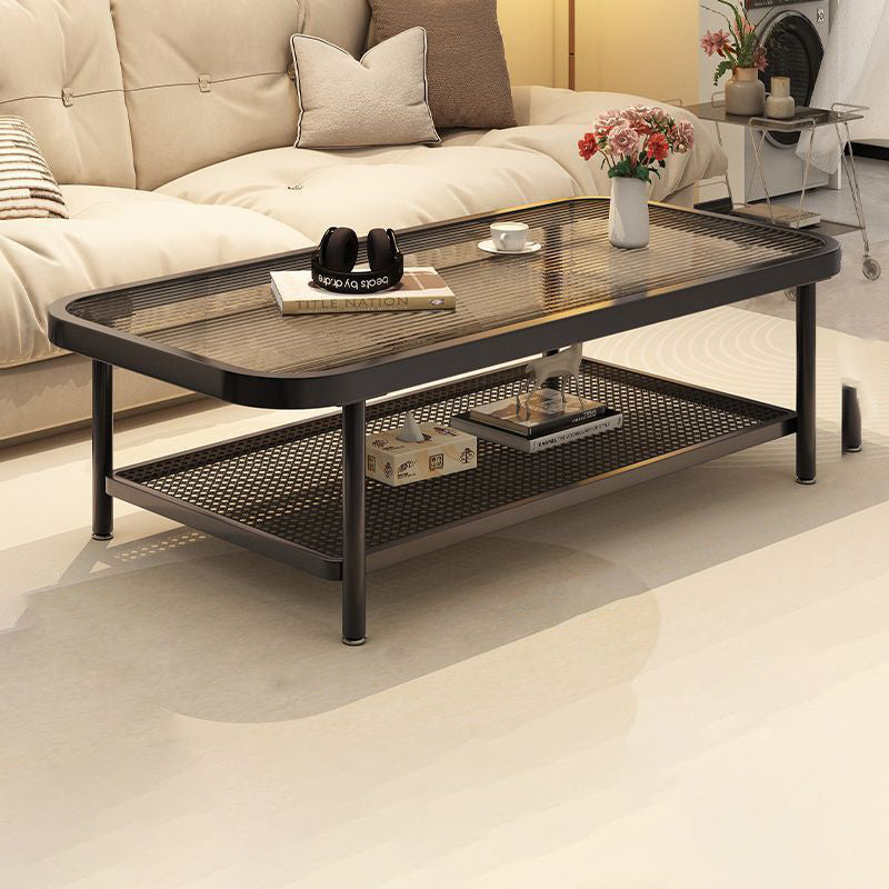 Modern Minimalist Rectangular Glass Carbon Steel Coffee Table 2-Tier For Living Room
