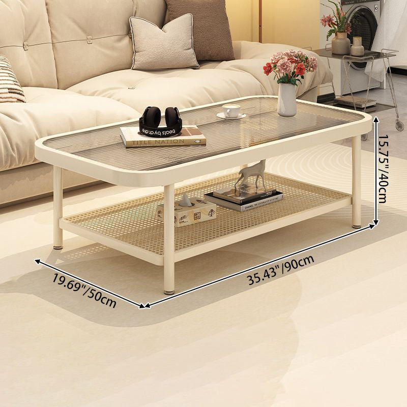 Modern Minimalist Rectangular Glass Carbon Steel Coffee Table 2-Tier For Living Room