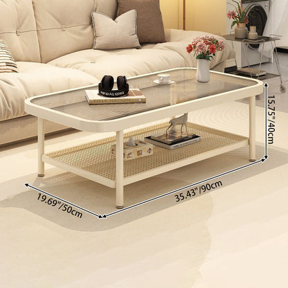 Modern Minimalist Rectangular Glass Carbon Steel Coffee Table 2-Tier For Living Room