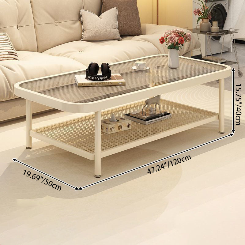 Modern Minimalist Rectangular Glass Carbon Steel Coffee Table 2-Tier For Living Room