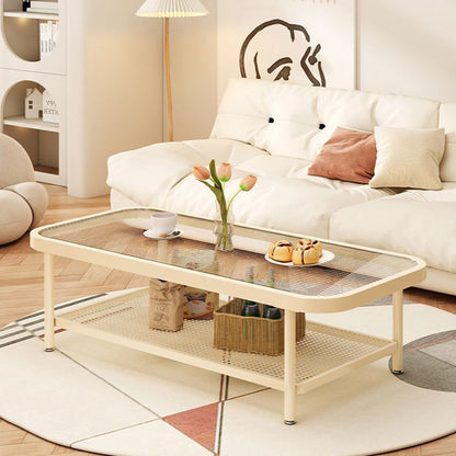 Modern Minimalist Rectangular Glass Carbon Steel Coffee Table 2-Tier For Living Room