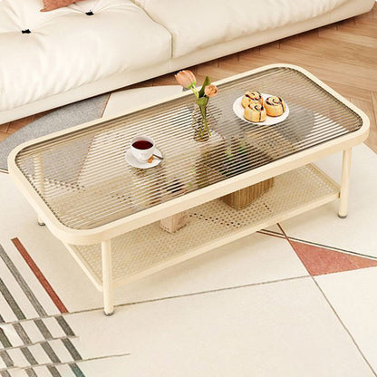 Modern Minimalist Rectangular Glass Carbon Steel Coffee Table 2-Tier For Living Room