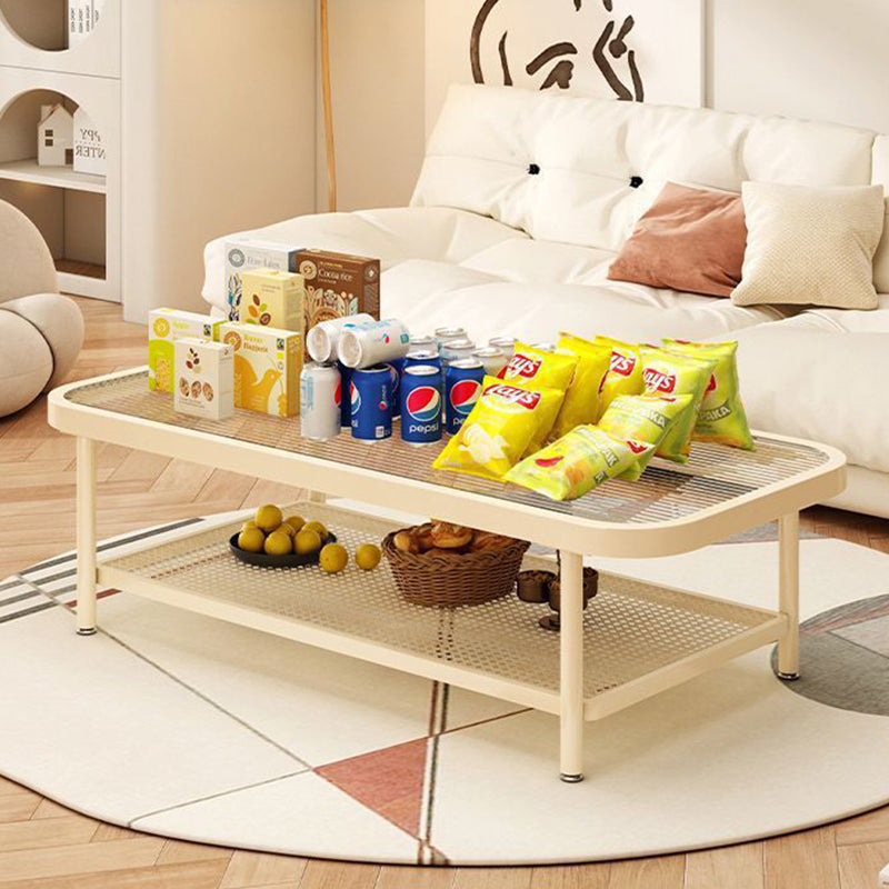 Modern Minimalist Rectangular Glass Carbon Steel Coffee Table 2-Tier For Living Room