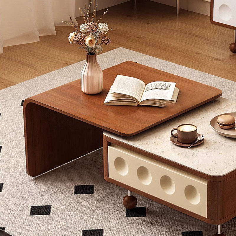 Contemporary Creative Rectangular Solid Wood Multi-Layer Plate Steel Stone Slab Coffee Table 2-Tier For Living Room