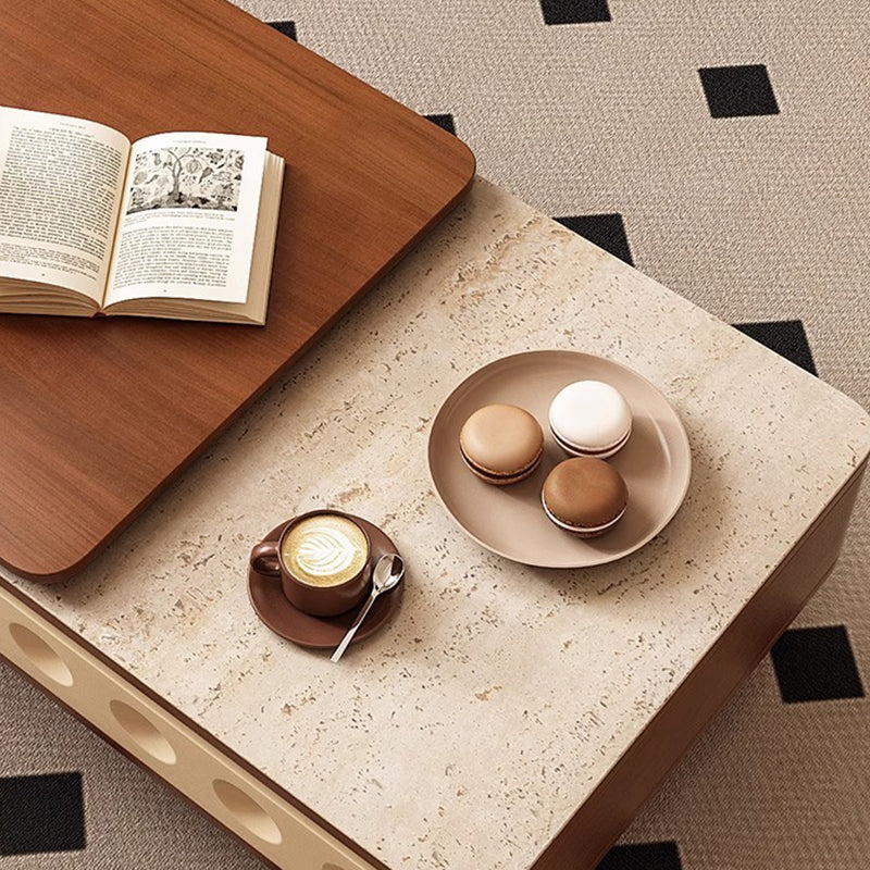 Contemporary Creative Rectangular Solid Wood Multi-Layer Plate Steel Stone Slab Coffee Table 2-Tier For Living Room