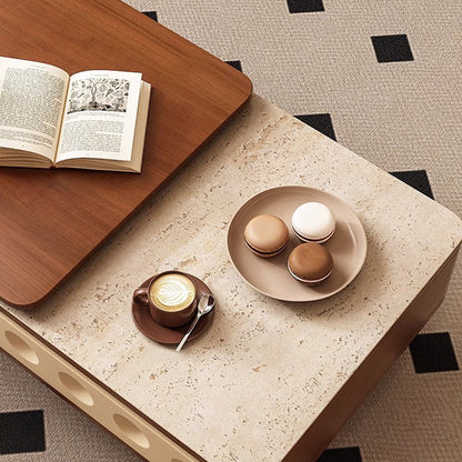 Contemporary Creative Rectangular Solid Wood Multi-Layer Plate Steel Stone Slab Coffee Table 2-Tier For Living Room
