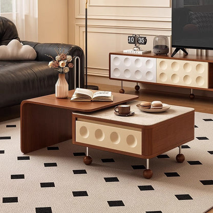 Contemporary Creative Rectangular Solid Wood Multi-Layer Plate Steel Stone Slab Coffee Table 2-Tier For Living Room