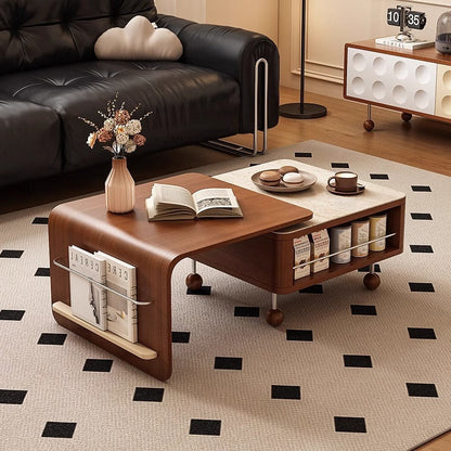 Contemporary Creative Rectangular Solid Wood Multi-Layer Plate Steel Stone Slab Coffee Table 2-Tier For Living Room