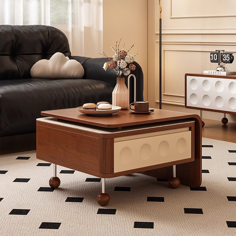 Contemporary Creative Rectangular Solid Wood Multi-Layer Plate Steel Stone Slab Coffee Table 2-Tier For Living Room