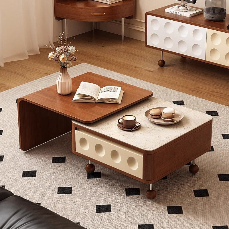 Contemporary Creative Rectangular Solid Wood Multi-Layer Plate Steel Stone Slab Coffee Table 2-Tier For Living Room