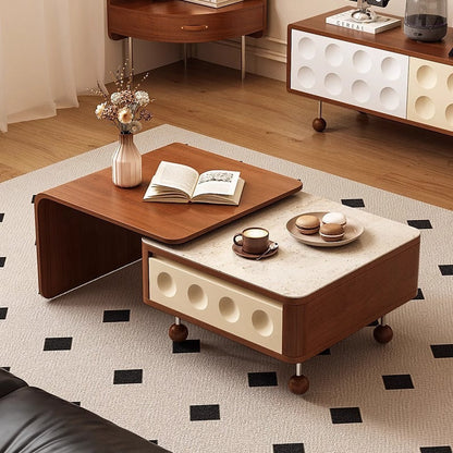 Contemporary Creative Rectangular Solid Wood Multi-Layer Plate Steel Stone Slab Coffee Table 2-Tier For Living Room