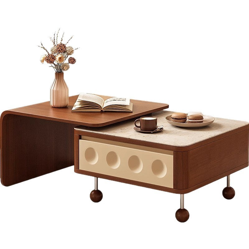 Contemporary Creative Rectangular Solid Wood Multi-Layer Plate Steel Stone Slab Coffee Table 2-Tier For Living Room