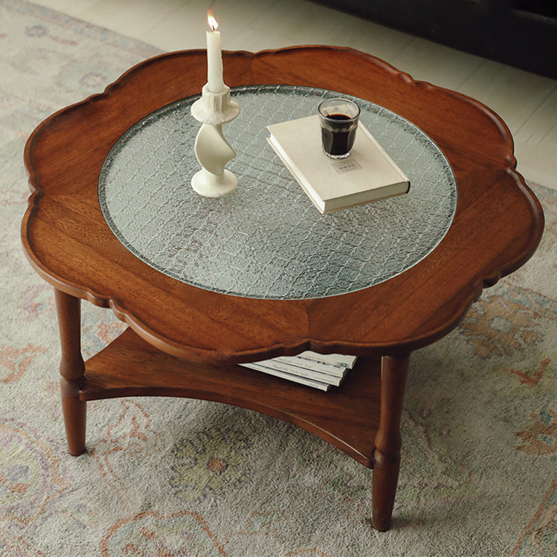 Traditional Vintage Floral-Shaped Solid Wood Glass Coffee Table 2-Tier For Living Room