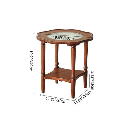 Traditional Vintage Floral-Shaped Solid Wood Glass Coffee Table 2-Tier For Living Room
