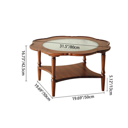 Traditional Vintage Floral-Shaped Solid Wood Glass Coffee Table 2-Tier For Living Room