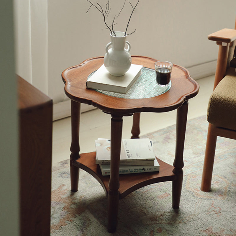 Traditional Vintage Floral-Shaped Solid Wood Glass Coffee Table 2-Tier For Living Room