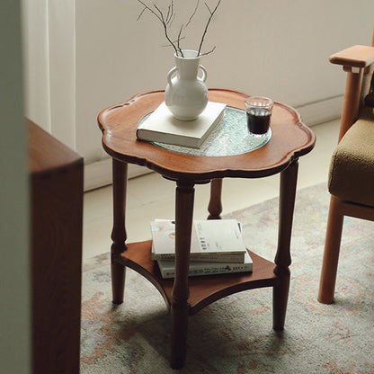 Traditional Vintage Floral-Shaped Solid Wood Glass Coffee Table 2-Tier For Living Room