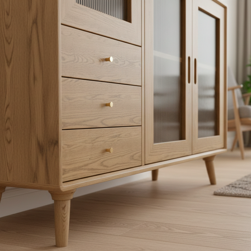 Contemporary Scandinavian North American Ash Wood Storage Cabinet - Rectangular With Hutch Ribbed Glass Storage Sideboard For Dining Room & Kitchen