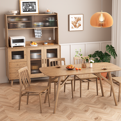 Contemporary Scandinavian North American Ash Wood Storage Cabinet - Rectangular With Hutch Ribbed Glass Storage Sideboard For Dining Room & Kitchen