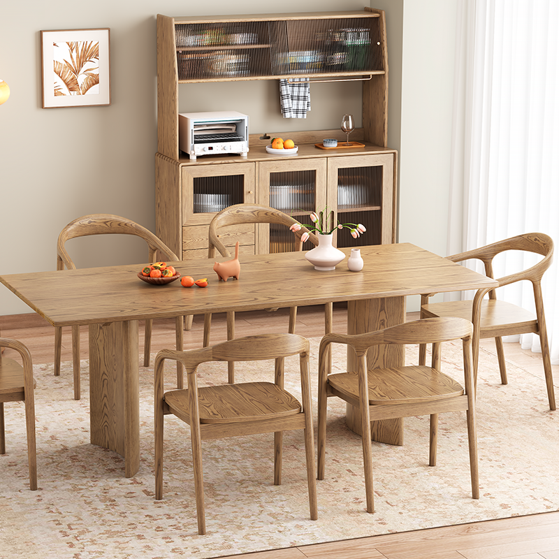 Contemporary Nordic North American Ash Wood Dining Table Set - Rectangular Wooden Table & Curved Chairs For Kitchen & Dining Room