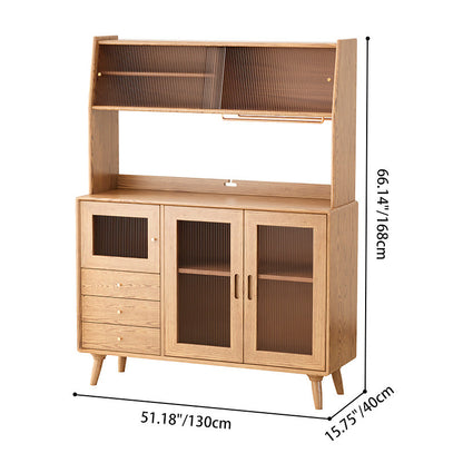 Contemporary Scandinavian North American Ash Wood Storage Cabinet - Rectangular With Hutch Ribbed Glass Storage Sideboard For Dining Room & Kitchen