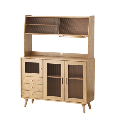 Contemporary Scandinavian North American Ash Wood Storage Cabinet - Rectangular With Hutch Ribbed Glass Storage Sideboard For Dining Room & Kitchen