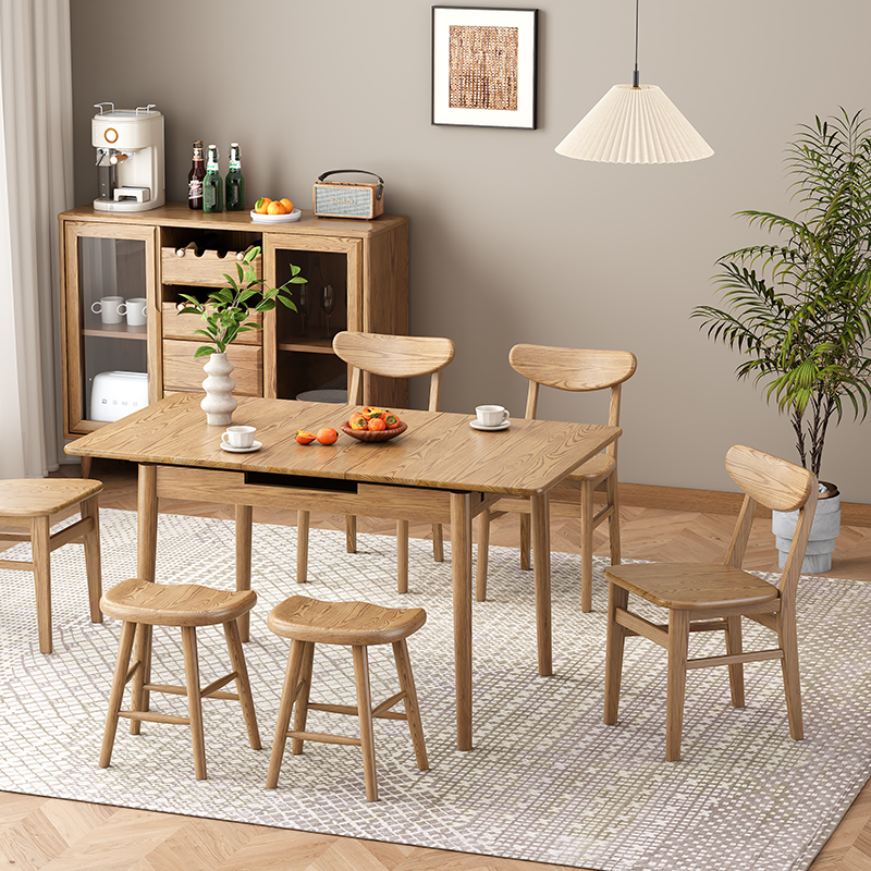 Contemporary Scandinavian North American Ash Wood Dining Table Set - Rectangular Dining Table Elliptical Back Chairs For Dining Room & Kitchen