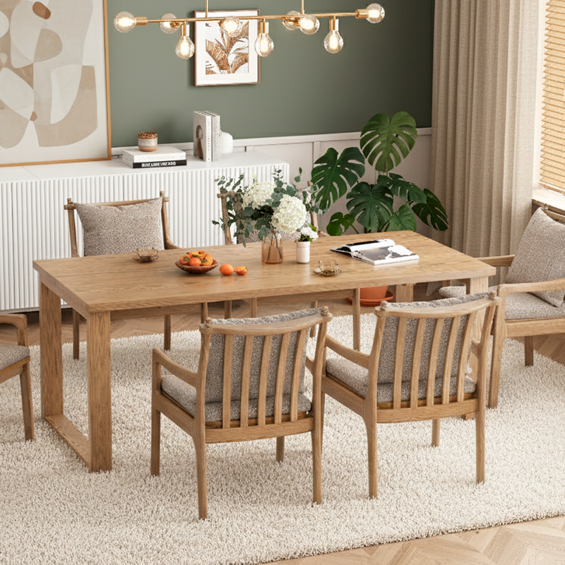 Contemporary Nordic North American Ash Wood Dining Table Set - Rectangular Wooden Table & Curved Chairs For Kitchen & Dining Room