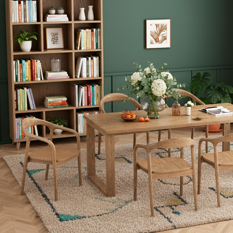 Contemporary Nordic North American Ash Wood Dining Table Set - Rectangular Wooden Table & Curved Chairs For Kitchen & Dining Room
