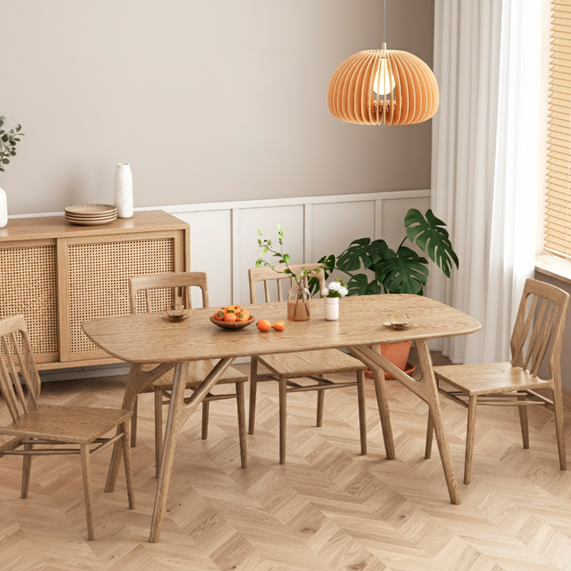 Contemporary Nordic North American Ash Wood Dining Table Set - Rectangular Wooden Table & Curved Chairs For Kitchen & Dining Room
