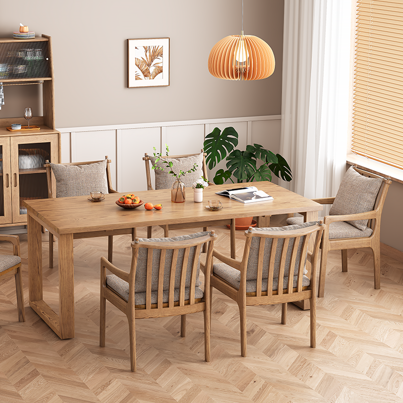 Contemporary Nordic North American Ash Wood Dining Table Set - Rectangular Dining Table Set With Cushioned Chairs For Dining Room & Kitchen