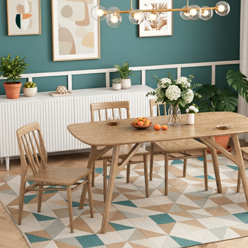 Contemporary Nordic Rectangular North American Ash Wood Dining Table Set - Rectangular Dining Table Rhombus Chairs For Dining Room & Kitchen