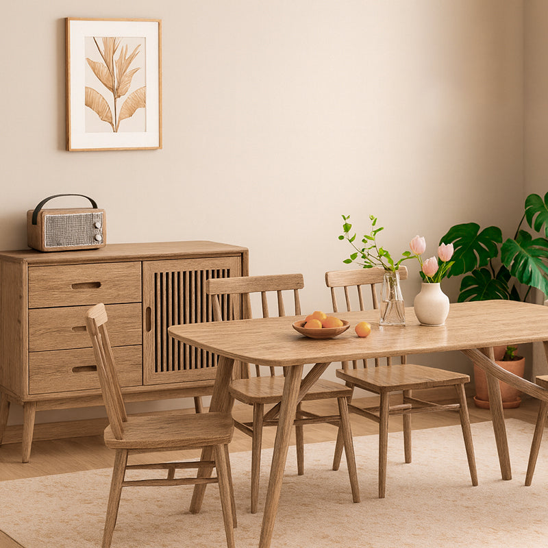 Contemporary Nordic Rectangular North American Ash Wood Dining Table Set - Rectangular Dining Table Rhombus Chairs For Dining Room & Kitchen