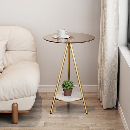 Modern Minimalist Cylindrical Tempered Glass PP Carbon Steel Side Table 2-Tier For Living Room