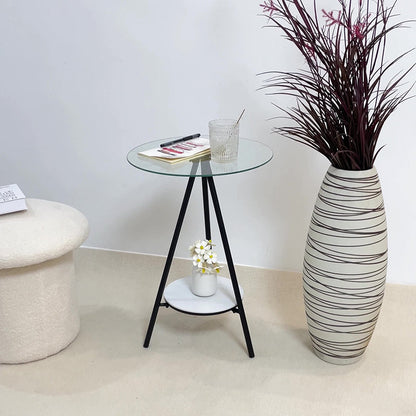 Modern Minimalist Cylindrical Tempered Glass PP Carbon Steel Side Table 2-Tier For Living Room
