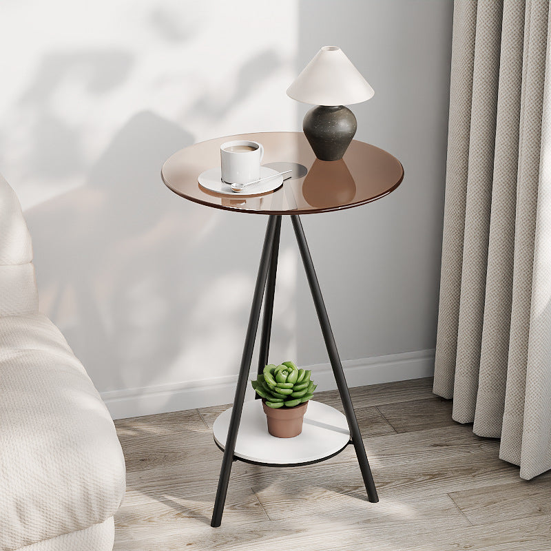 Modern Minimalist Cylindrical Tempered Glass PP Carbon Steel Side Table 2-Tier For Living Room