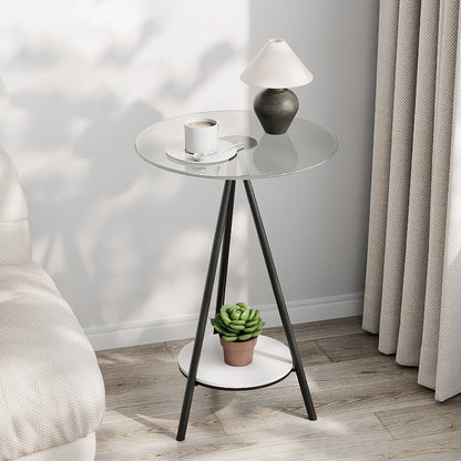 Modern Minimalist Cylindrical Tempered Glass PP Carbon Steel Side Table 2-Tier For Living Room