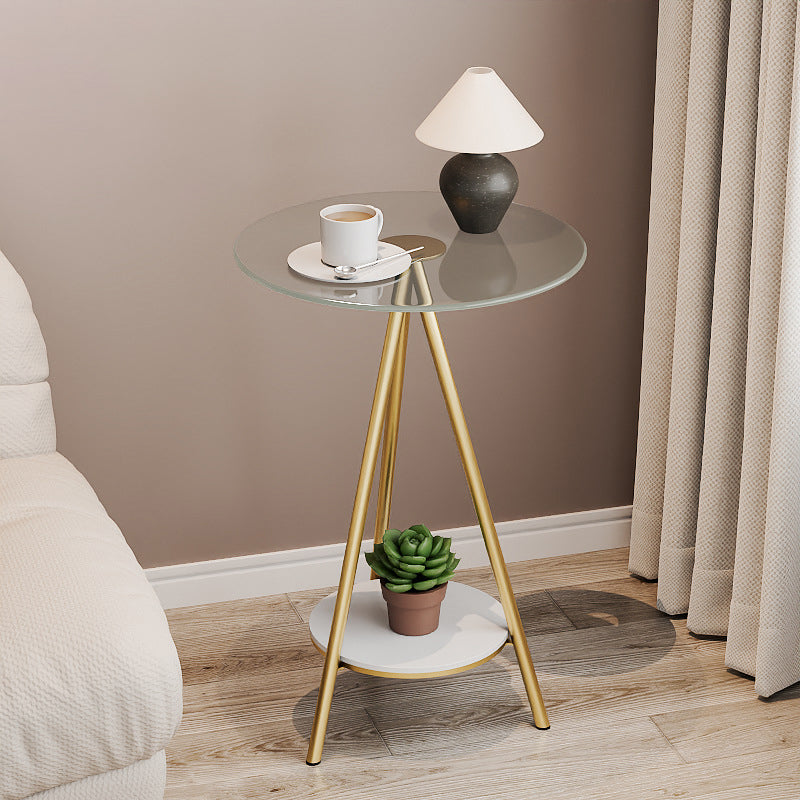 Modern Minimalist Cylindrical Tempered Glass PP Carbon Steel Side Table 2-Tier For Living Room