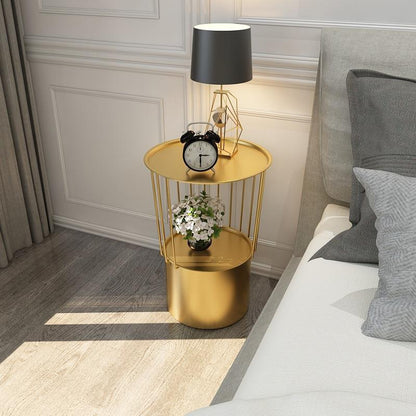 Contemporary Luxury Cylindrical Hollow Design Iron Stone Slab Nightstand 2-Tier For Bedroom