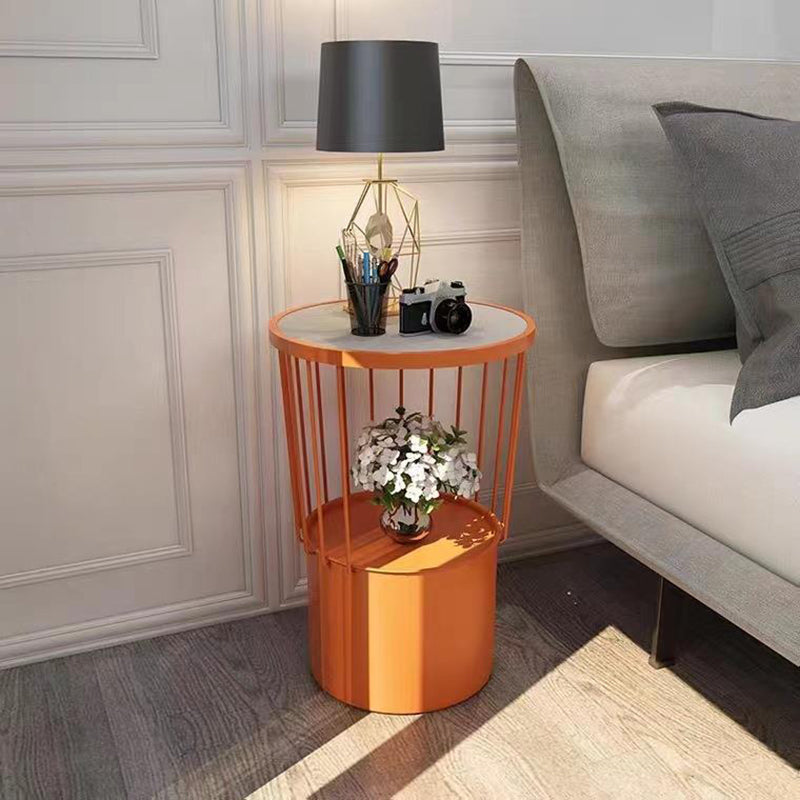 Contemporary Luxury Cylindrical Hollow Design Iron Stone Slab Nightstand 2-Tier For Bedroom