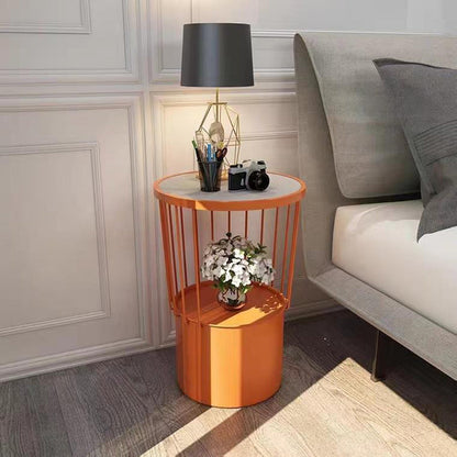 Contemporary Luxury Cylindrical Hollow Design Iron Stone Slab Nightstand 2-Tier For Bedroom