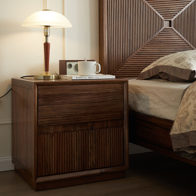 Contemporary Nordic Rectangular South American Walnut Wood Nightstand 2-Drawer For Bedroom