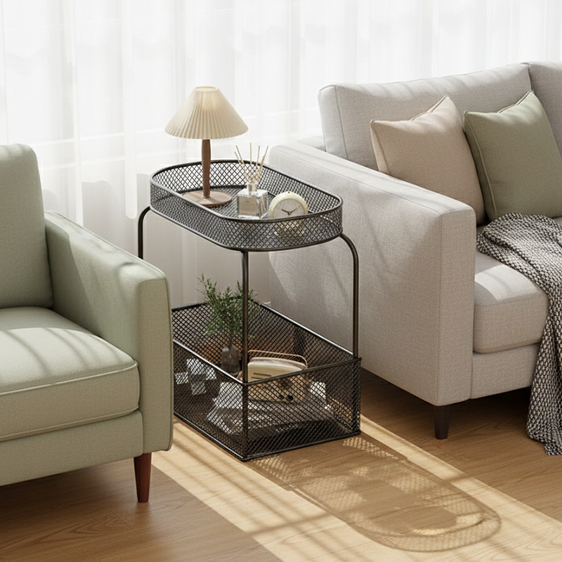 Modern Minimalist Rectangular Iron Side Table 2-Tier For Living Room