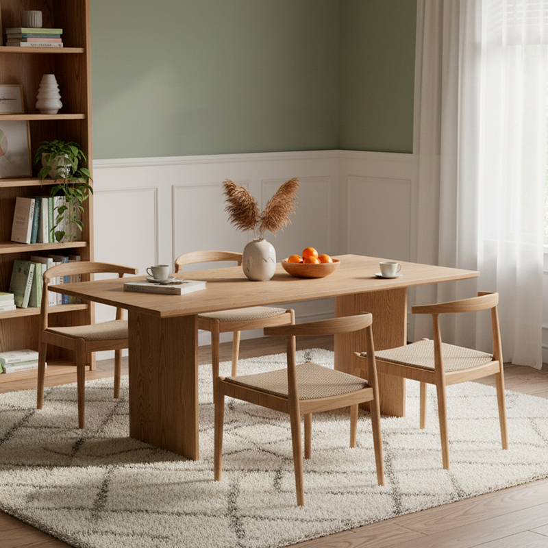 Traditional Chinese North American Ash Wood Dining Table Set - Rectangular Dining Table Curved Back Chairs For Dining Room & Kitchen