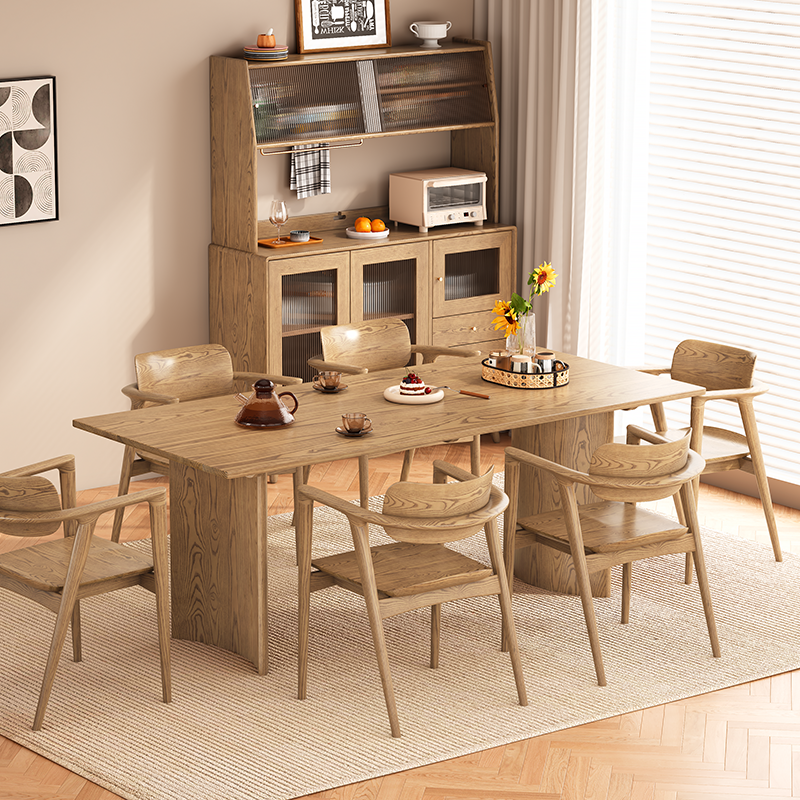 Contemporary Scandinavian North American Ash Wood Dining Table Set - Rectangular Dining Table Trapezoidal Back Chairs For Dining Room & Kitchen